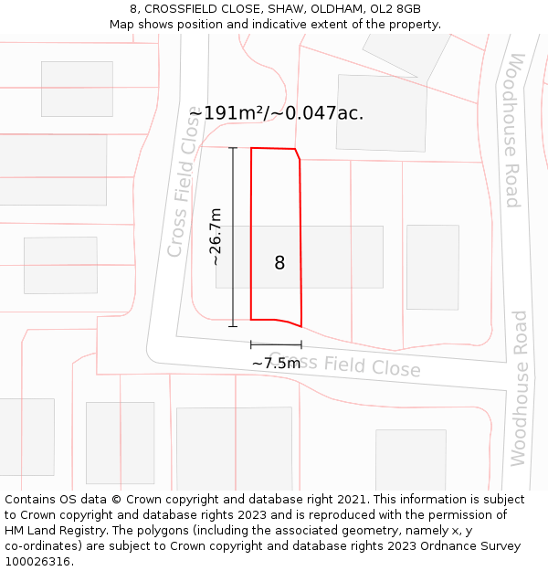 8, CROSSFIELD CLOSE, SHAW, OLDHAM, OL2 8GB: Plot and title map
