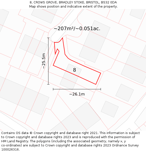 8, CROWS GROVE, BRADLEY STOKE, BRISTOL, BS32 0DA: Plot and title map