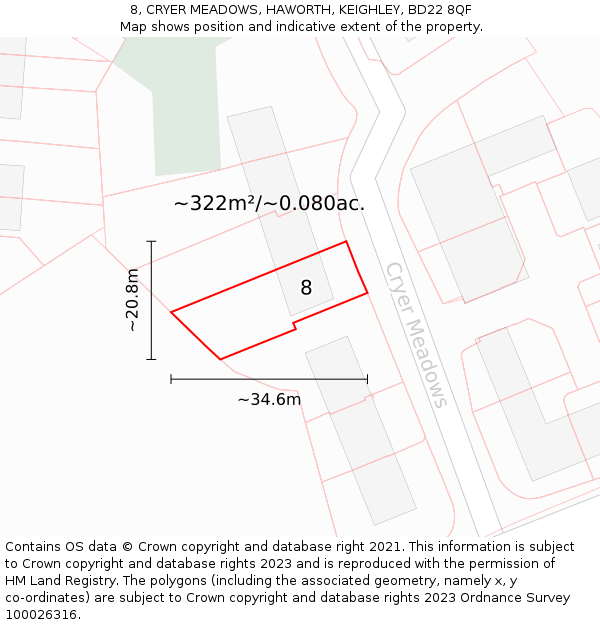 8, CRYER MEADOWS, HAWORTH, KEIGHLEY, BD22 8QF: Plot and title map