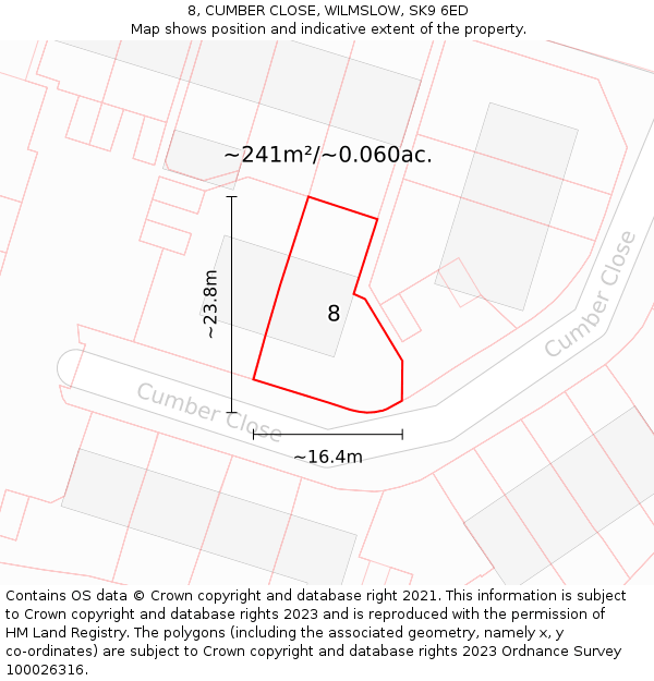 8, CUMBER CLOSE, WILMSLOW, SK9 6ED: Plot and title map