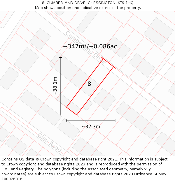 8, CUMBERLAND DRIVE, CHESSINGTON, KT9 1HQ: Plot and title map
