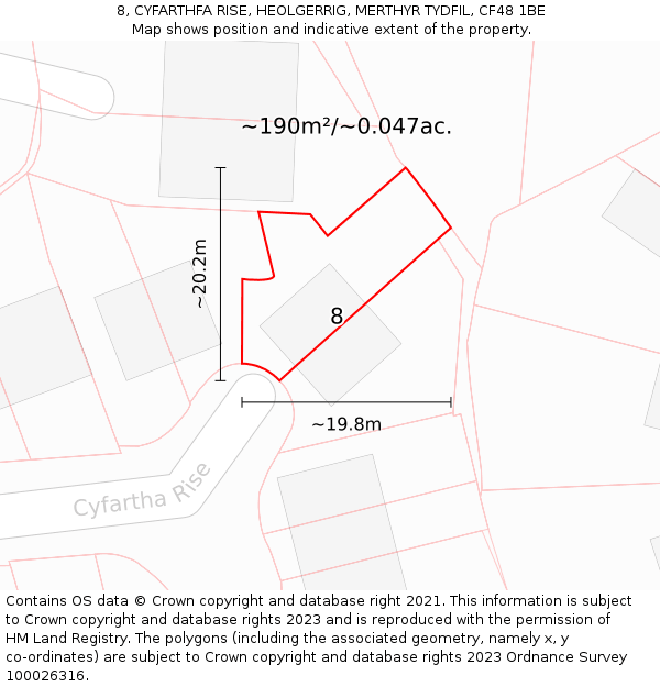 8, CYFARTHFA RISE, HEOLGERRIG, MERTHYR TYDFIL, CF48 1BE: Plot and title map