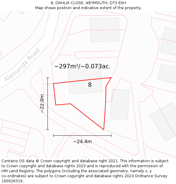 8, DAHLIA CLOSE, WEYMOUTH, DT3 6SH: Plot and title map
