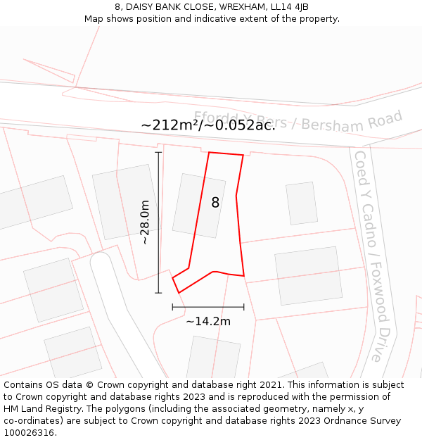 8, DAISY BANK CLOSE, WREXHAM, LL14 4JB: Plot and title map