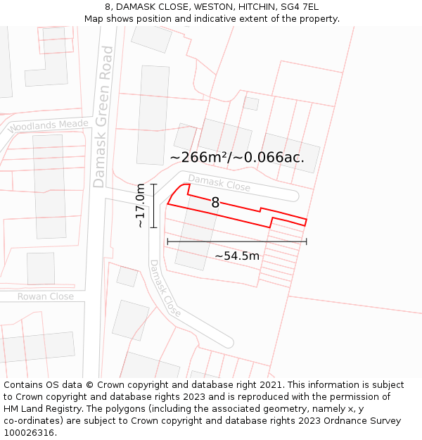 8, DAMASK CLOSE, WESTON, HITCHIN, SG4 7EL: Plot and title map