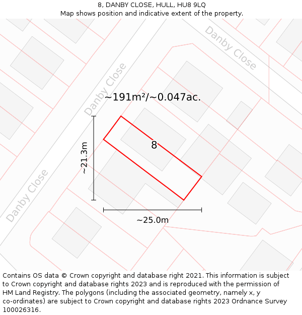 8, DANBY CLOSE, HULL, HU8 9LQ: Plot and title map