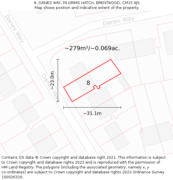 8, DANES WAY, PILGRIMS HATCH, BRENTWOOD, CM15 9JS: Plot and title map