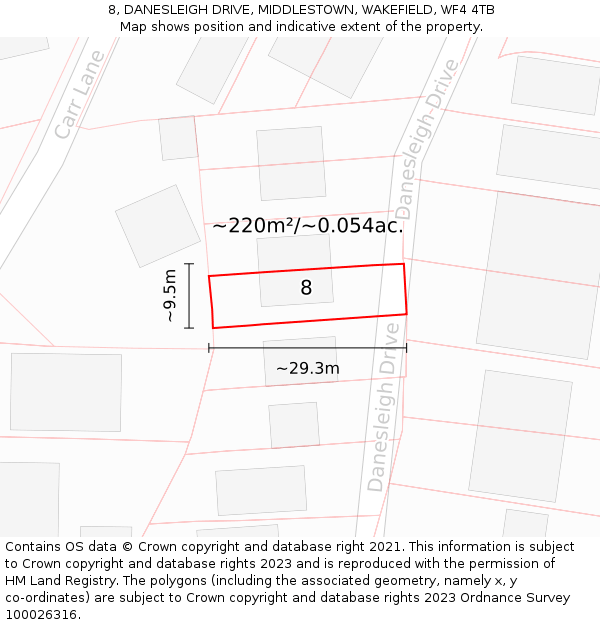 8, DANESLEIGH DRIVE, MIDDLESTOWN, WAKEFIELD, WF4 4TB: Plot and title map