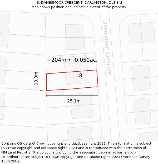 8, DANESMOOR CRESCENT, DARLINGTON, DL3 8NJ: Plot and title map