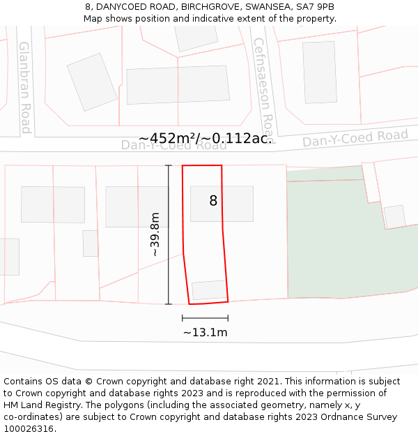 8, DANYCOED ROAD, BIRCHGROVE, SWANSEA, SA7 9PB: Plot and title map