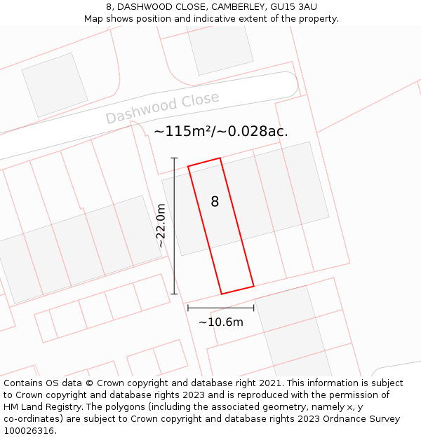 8, DASHWOOD CLOSE, CAMBERLEY, GU15 3AU: Plot and title map