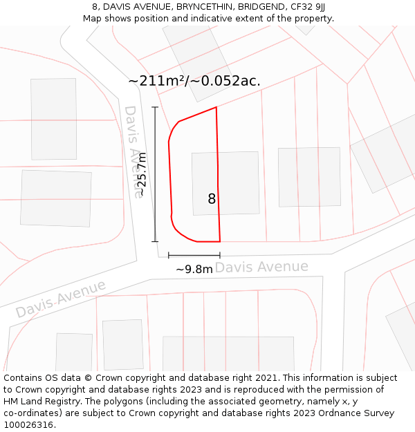 8, DAVIS AVENUE, BRYNCETHIN, BRIDGEND, CF32 9JJ: Plot and title map