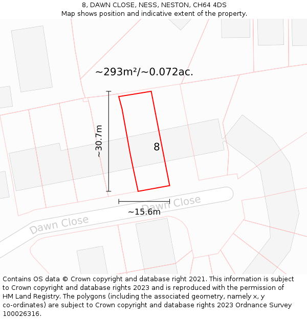 8, DAWN CLOSE, NESS, NESTON, CH64 4DS: Plot and title map
