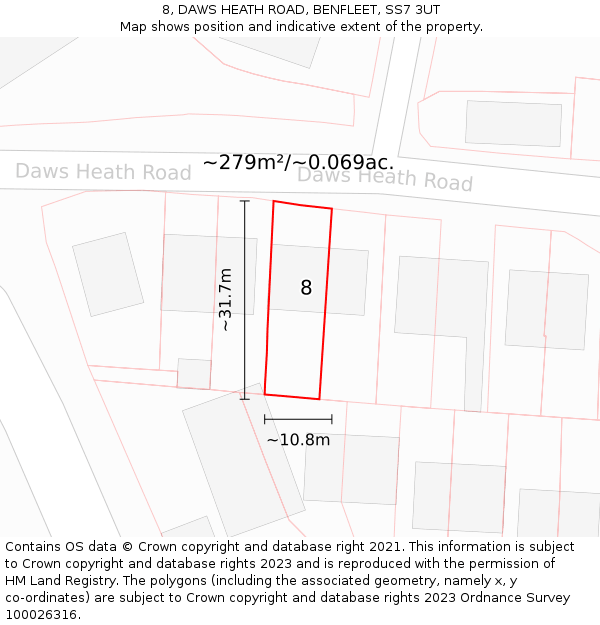 8, DAWS HEATH ROAD, BENFLEET, SS7 3UT: Plot and title map