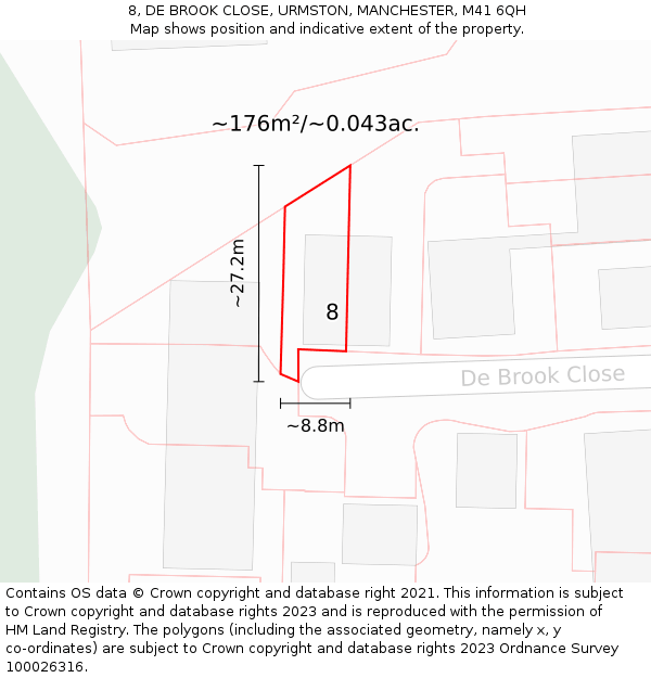 8, DE BROOK CLOSE, URMSTON, MANCHESTER, M41 6QH: Plot and title map