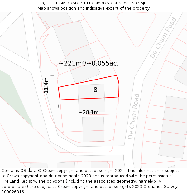 8, DE CHAM ROAD, ST LEONARDS-ON-SEA, TN37 6JP: Plot and title map