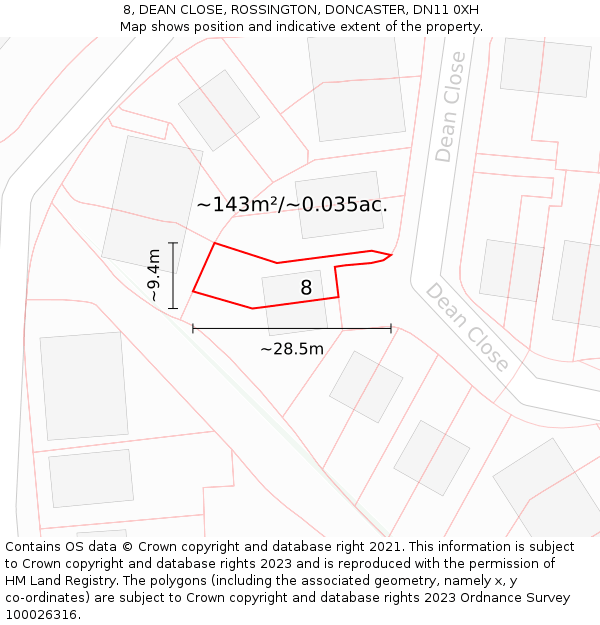 8, DEAN CLOSE, ROSSINGTON, DONCASTER, DN11 0XH: Plot and title map