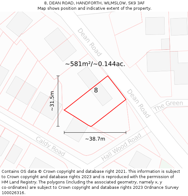 8, DEAN ROAD, HANDFORTH, WILMSLOW, SK9 3AF: Plot and title map