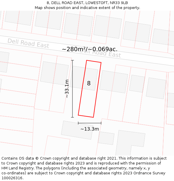 8, DELL ROAD EAST, LOWESTOFT, NR33 9LB: Plot and title map
