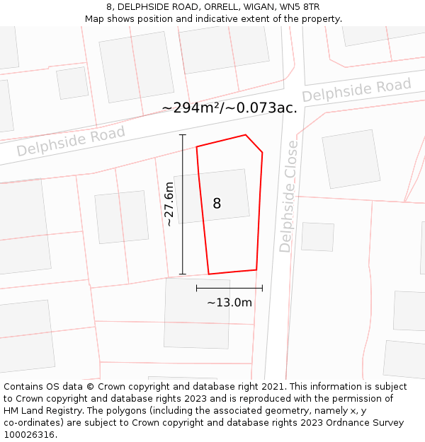 8, DELPHSIDE ROAD, ORRELL, WIGAN, WN5 8TR: Plot and title map