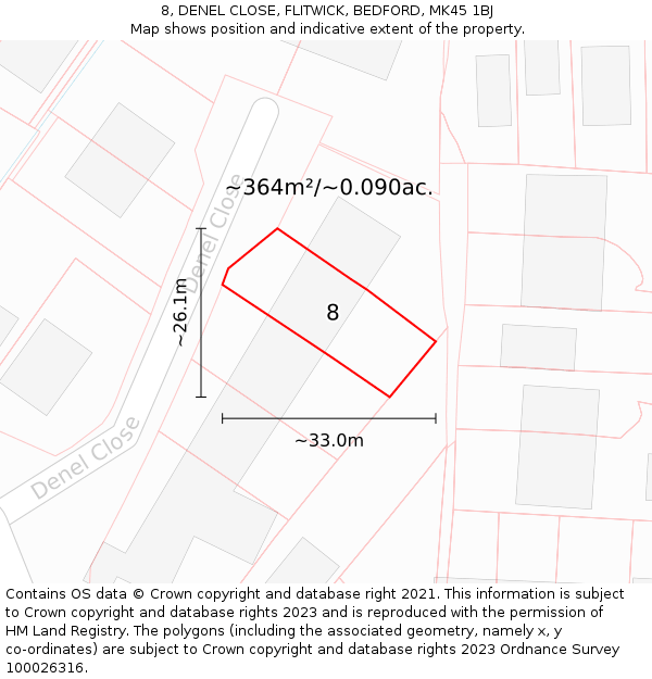 8, DENEL CLOSE, FLITWICK, BEDFORD, MK45 1BJ: Plot and title map