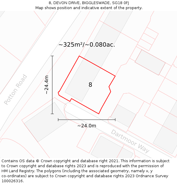 8, DEVON DRIVE, BIGGLESWADE, SG18 0FJ: Plot and title map