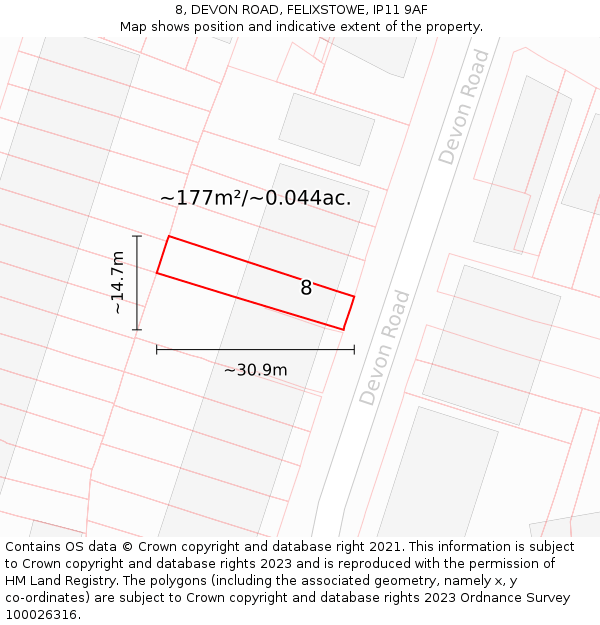 8, DEVON ROAD, FELIXSTOWE, IP11 9AF: Plot and title map