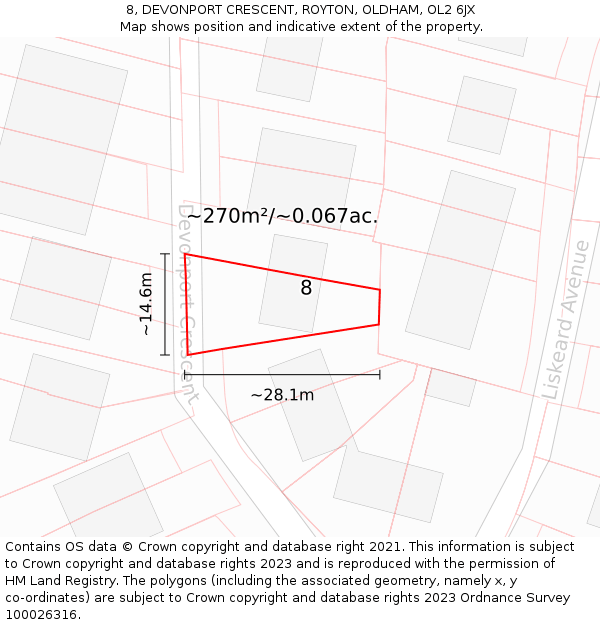 8, DEVONPORT CRESCENT, ROYTON, OLDHAM, OL2 6JX: Plot and title map