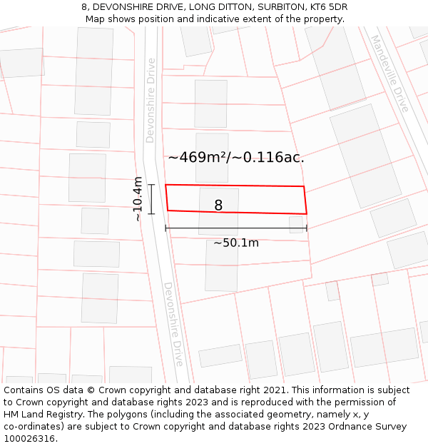 8, DEVONSHIRE DRIVE, LONG DITTON, SURBITON, KT6 5DR: Plot and title map