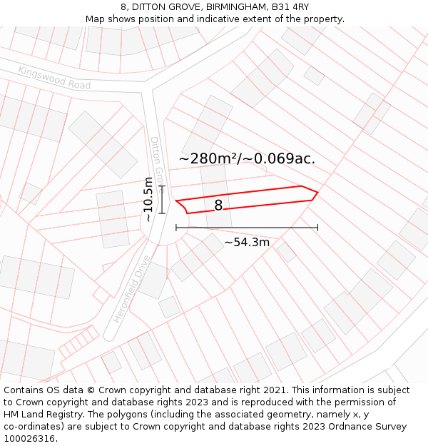 8, DITTON GROVE, BIRMINGHAM, B31 4RY: Plot and title map