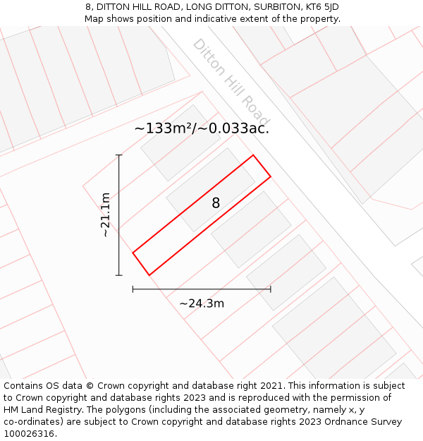 8, DITTON HILL ROAD, LONG DITTON, SURBITON, KT6 5JD: Plot and title map