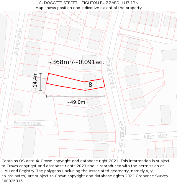 8, DOGGETT STREET, LEIGHTON BUZZARD, LU7 1BN: Plot and title map