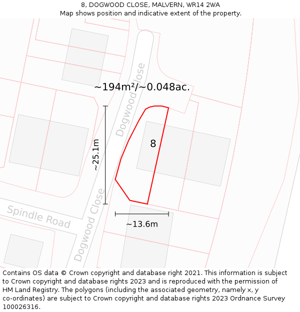 8, DOGWOOD CLOSE, MALVERN, WR14 2WA: Plot and title map