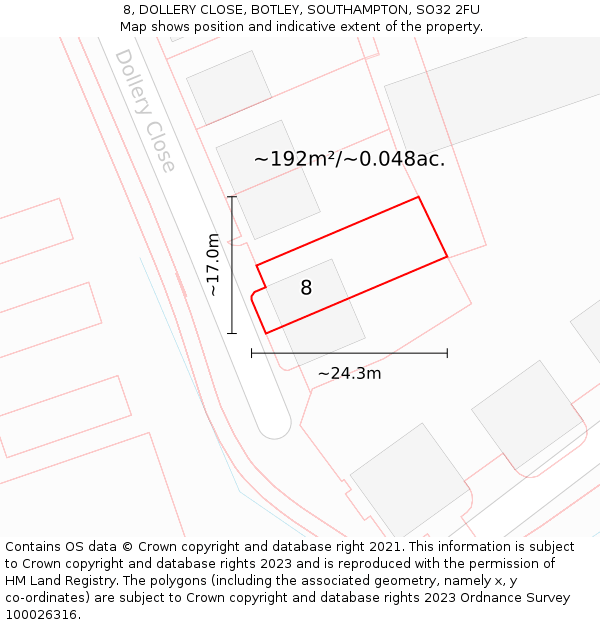 8, DOLLERY CLOSE, BOTLEY, SOUTHAMPTON, SO32 2FU: Plot and title map