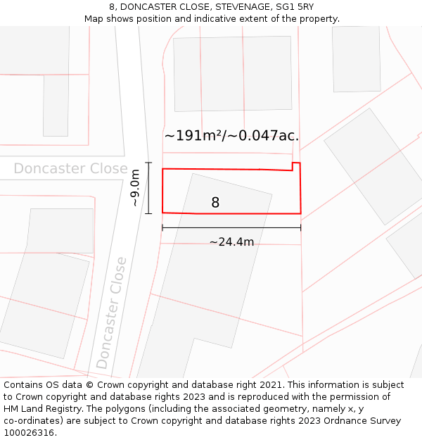 8, DONCASTER CLOSE, STEVENAGE, SG1 5RY: Plot and title map