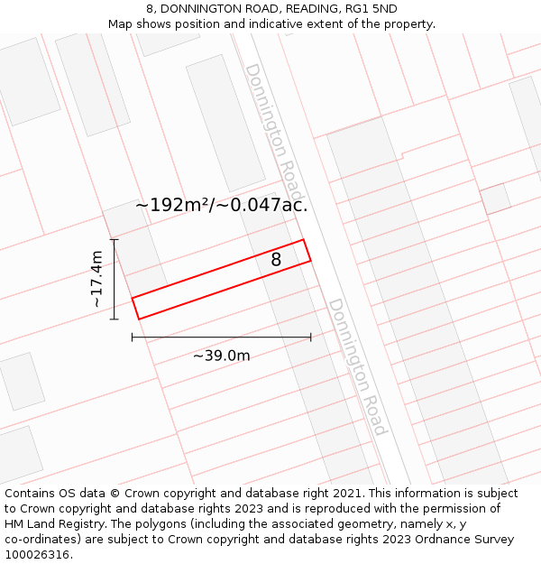 8, DONNINGTON ROAD, READING, RG1 5ND: Plot and title map