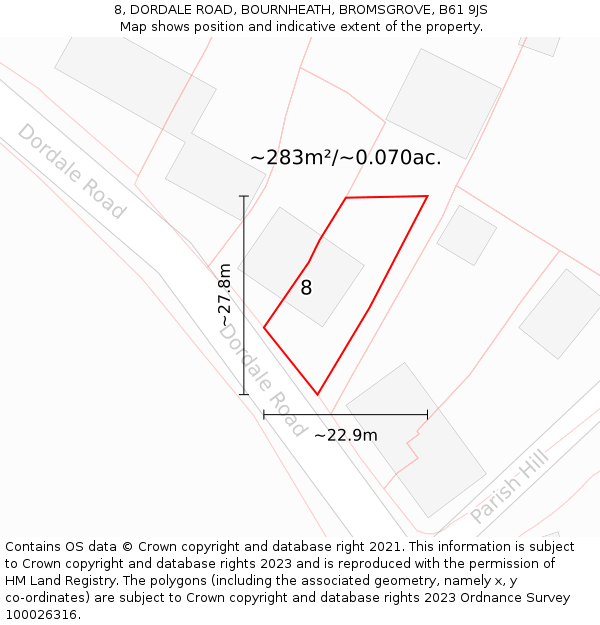 8, DORDALE ROAD, BOURNHEATH, BROMSGROVE, B61 9JS: Plot and title map