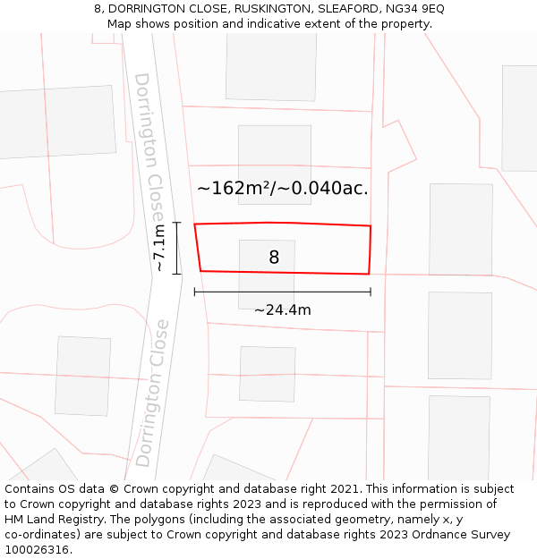 8, DORRINGTON CLOSE, RUSKINGTON, SLEAFORD, NG34 9EQ: Plot and title map