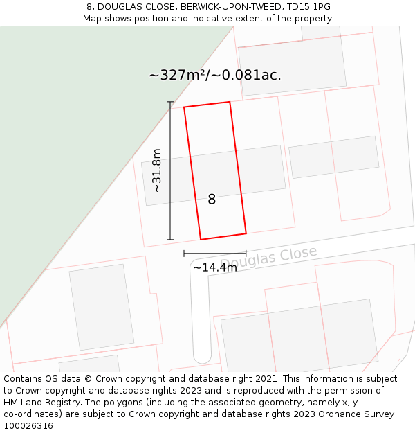 8, DOUGLAS CLOSE, BERWICK-UPON-TWEED, TD15 1PG: Plot and title map