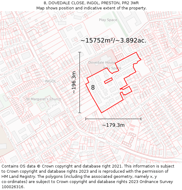 8, DOVEDALE CLOSE, INGOL, PRESTON, PR2 3WR: Plot and title map