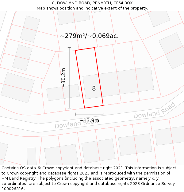 8, DOWLAND ROAD, PENARTH, CF64 3QX: Plot and title map
