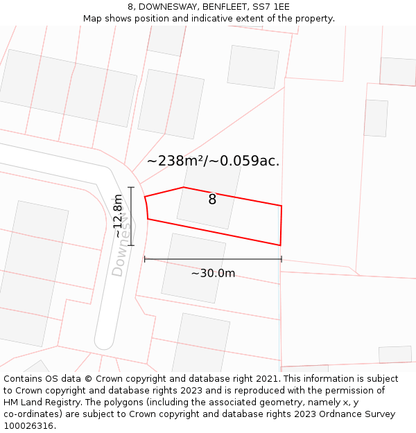 8, DOWNESWAY, BENFLEET, SS7 1EE: Plot and title map