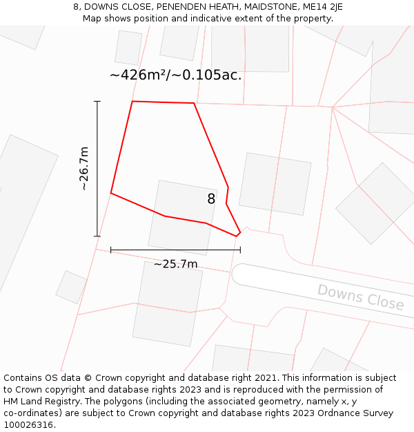 8, DOWNS CLOSE, PENENDEN HEATH, MAIDSTONE, ME14 2JE: Plot and title map