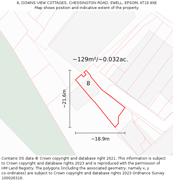 8, DOWNS VIEW COTTAGES, CHESSINGTON ROAD, EWELL, EPSOM, KT19 9XE: Plot and title map