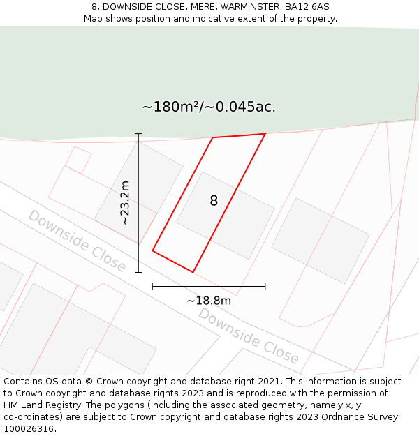 8, DOWNSIDE CLOSE, MERE, WARMINSTER, BA12 6AS: Plot and title map