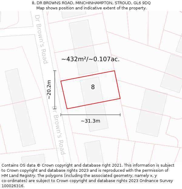8, DR BROWNS ROAD, MINCHINHAMPTON, STROUD, GL6 9DQ: Plot and title map