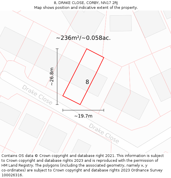 8, DRAKE CLOSE, CORBY, NN17 2RJ: Plot and title map