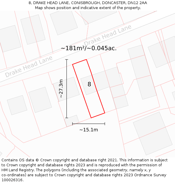8, DRAKE HEAD LANE, CONISBROUGH, DONCASTER, DN12 2AA: Plot and title map
