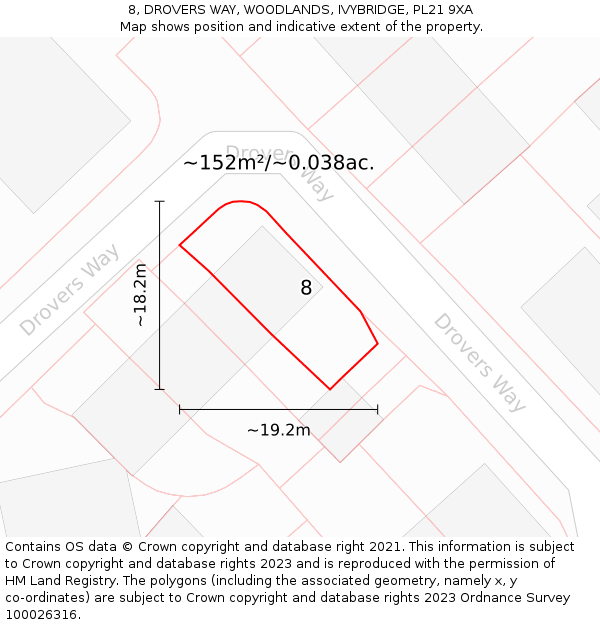 8, DROVERS WAY, WOODLANDS, IVYBRIDGE, PL21 9XA: Plot and title map