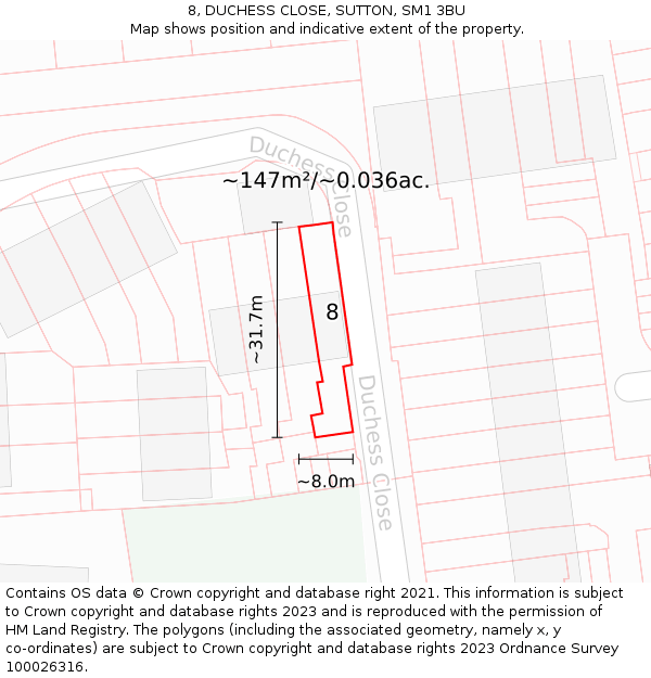 8, DUCHESS CLOSE, SUTTON, SM1 3BU: Plot and title map
